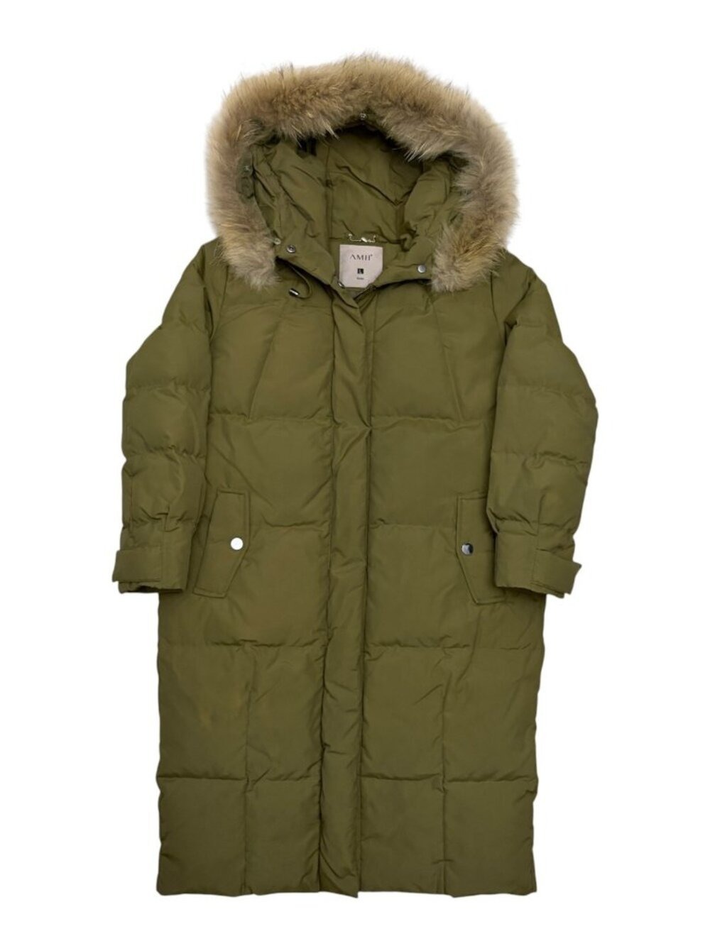 AMII Genuine Fur Coat Green Winter Puffer Long Parka Jacket Womens Large